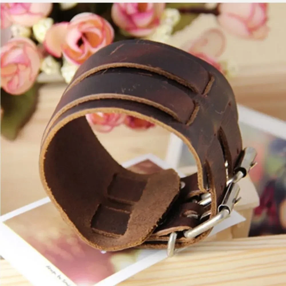 Men's Wide PU Leather Belt Strap Buckle Adjustable Cuff Wristband Bracelet